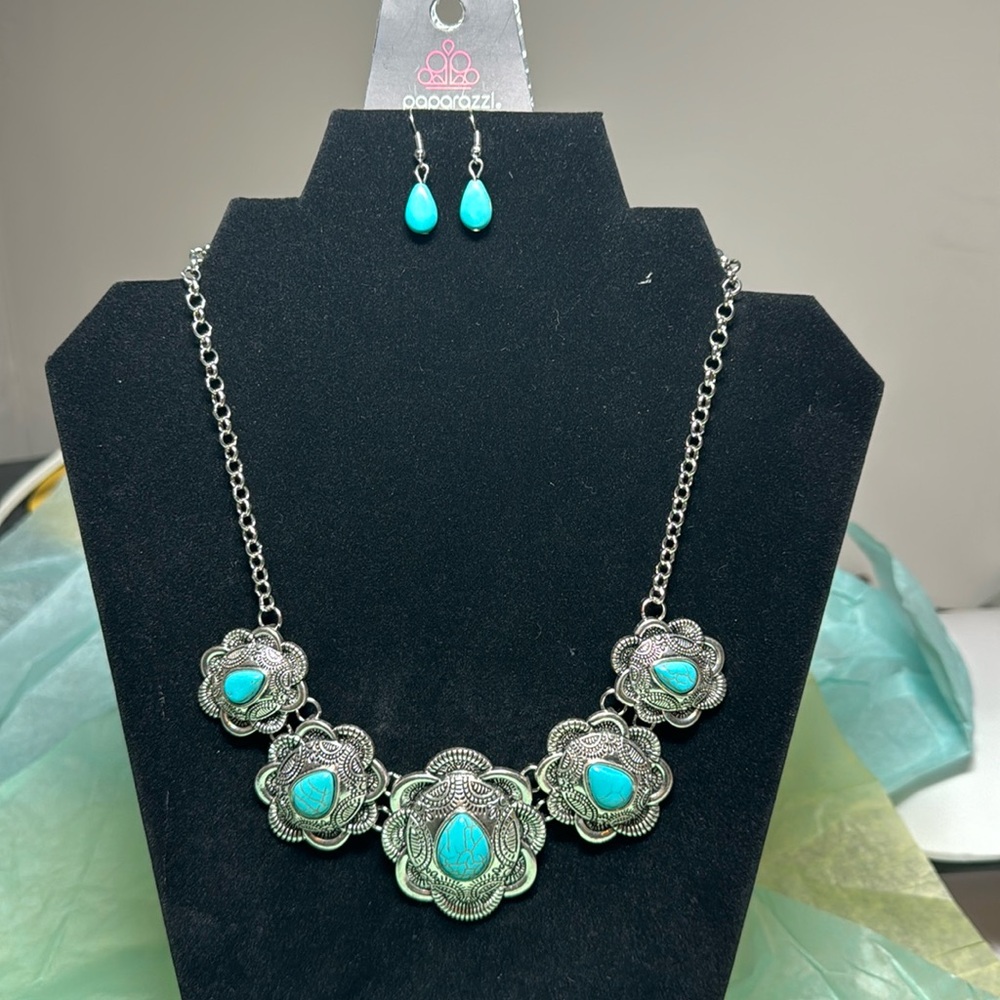 New paparazzi, silver tone necklace with turquoise crackle stone.